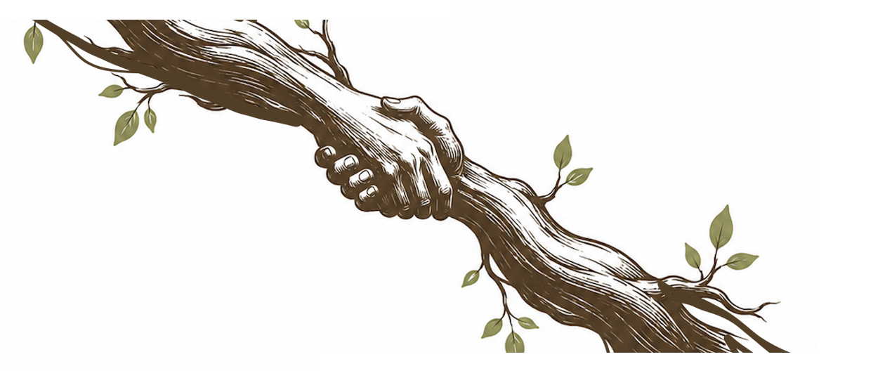 Two arms — one of wood and leaves, one of flesh — clasped together as branches